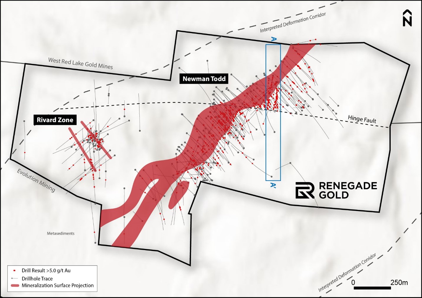 Plan map of the Newman Todd Project showing drilling and modelled gold mineralization projected to surface