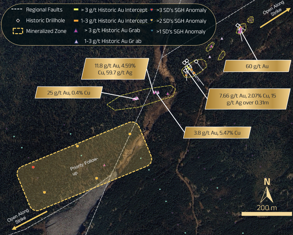 Belanger Project, multiple mineralized zones across approximately 900 metres of strike. Open along strike in both directions.